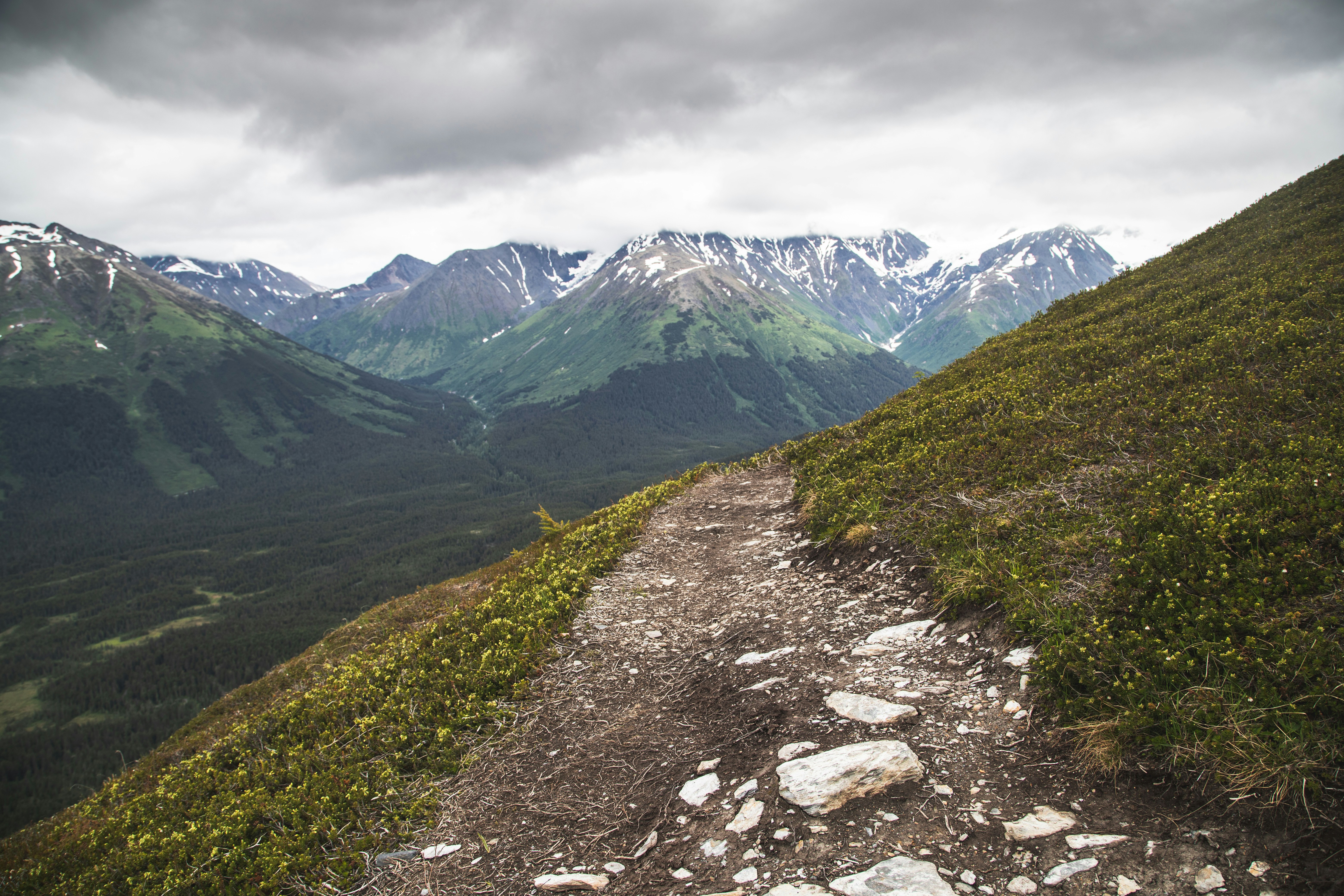 A mountainous scene with a hiking trail in the foreground and a mountain range in the background.